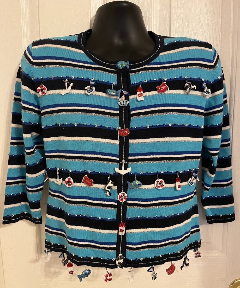 VTG Jack B Quick Nautical Cardigan Sweater Sailor 3D Art bead embroidery sequin